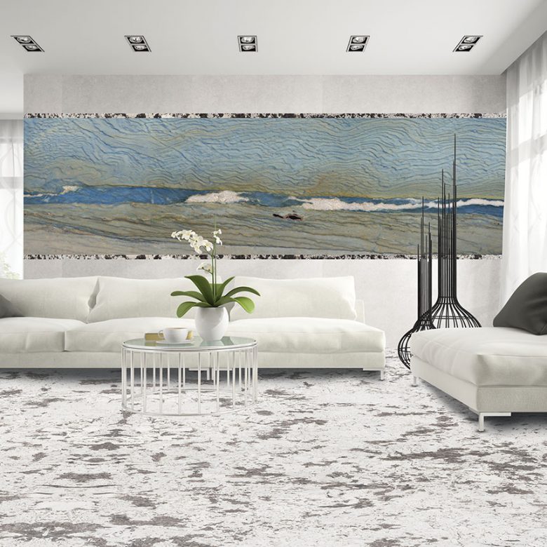 جدار: AZUL MACAUBAS | الأرضية: جرانيت أبيض ملكي